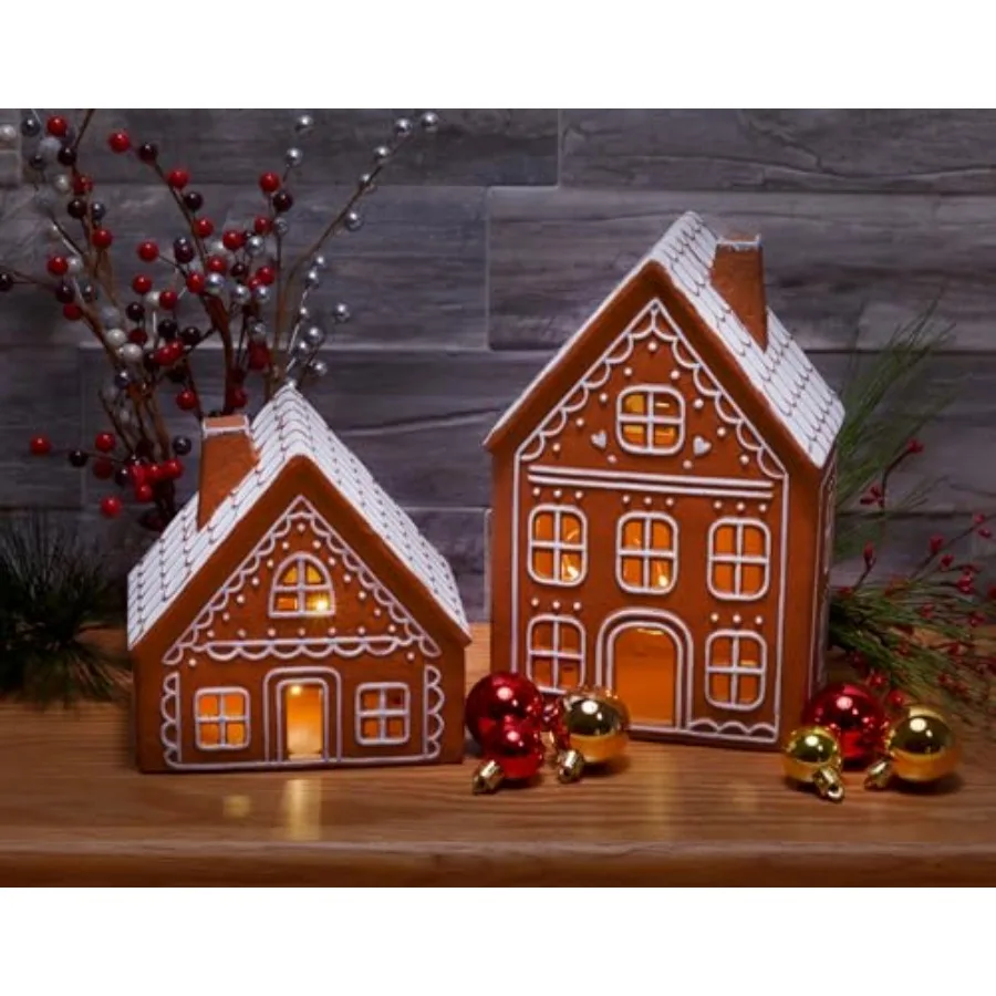 Ceramic Iced Gingerbread Houses Holiday Pre Lit LED Village Figurines Set of 2 9 Inch view 2