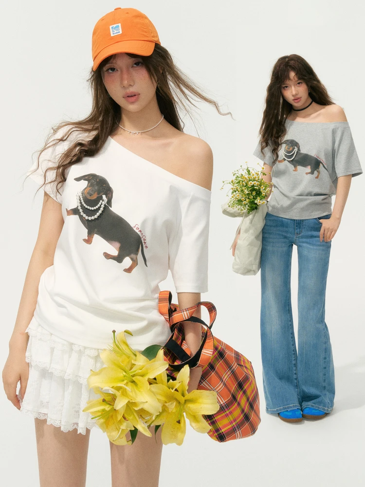 

SOMESOWE вышитая жемчужная футболка с колючками, женская повседневная свободная посадка, летний топ из хлопка и полиэстера с принтом колбасы и собаки