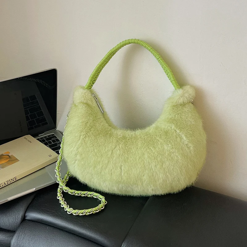 Halbmond-Design Lammwoll-Handtasche Clutch für Damen 2026 Winter Weiche Flauschige Handtasche Halbkreis-Plüsch-Umhängetasche Bolsa – Detail 23
