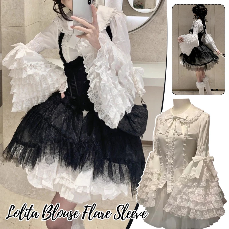 

Lolita Flare Sleeve Blouse Women Camisas Peter Pan Collar Flare Sleeve Sweet Shirts Oversized Top Lace Bow Ruffles White Blouses