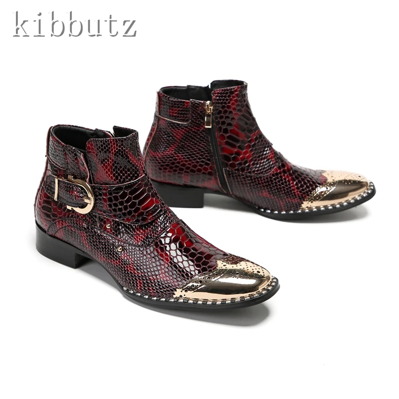 Luxury Design Metal Toe Men Short Boots Snakeskin Genuine Leather Buckle Decor Zipper Ankle Boots Male Party Wedding Dress Boots