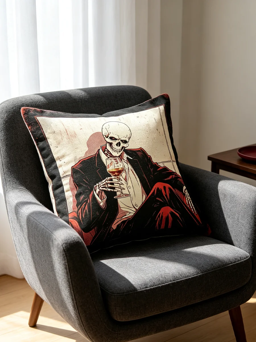 1PC Throw Pillow Cover,Skeleton Gentleman Wine Print,Vintage Gothic Style,For Living Room Sofa Indoor Home Decor