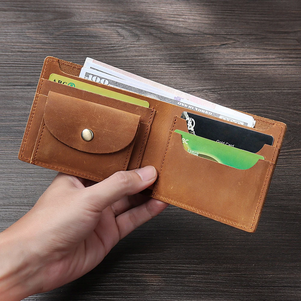 Retro Crazy Horse Leather Mens ID Card Handmade Wallets Change Coins Pocket Durable Billfold Wallet Simple Portable