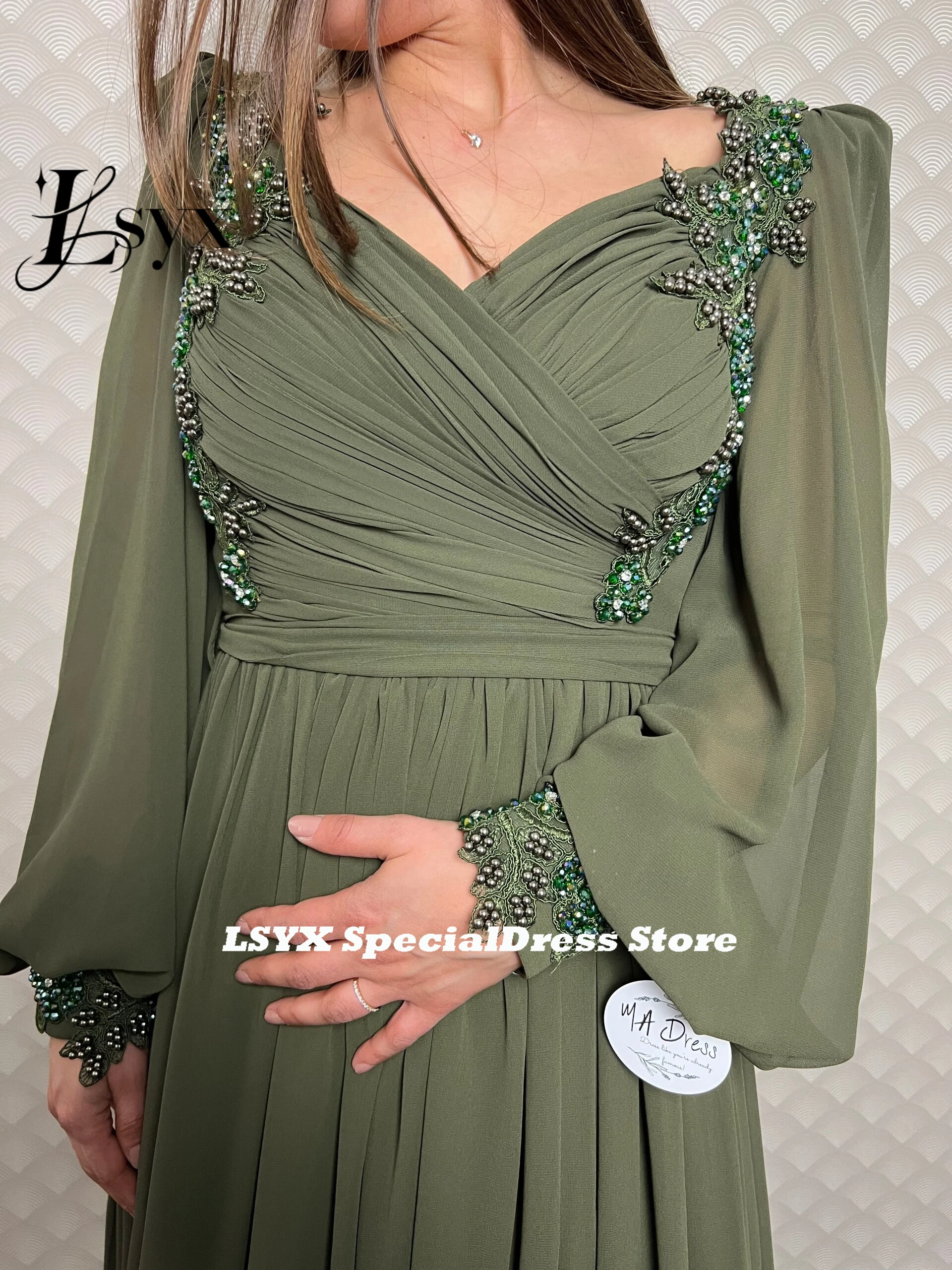 LSYX-Sexy Longo Puff mangas vestidos de noite, simples V-Neck, Lace Up, andar de comprimento, vestidos de festa formais