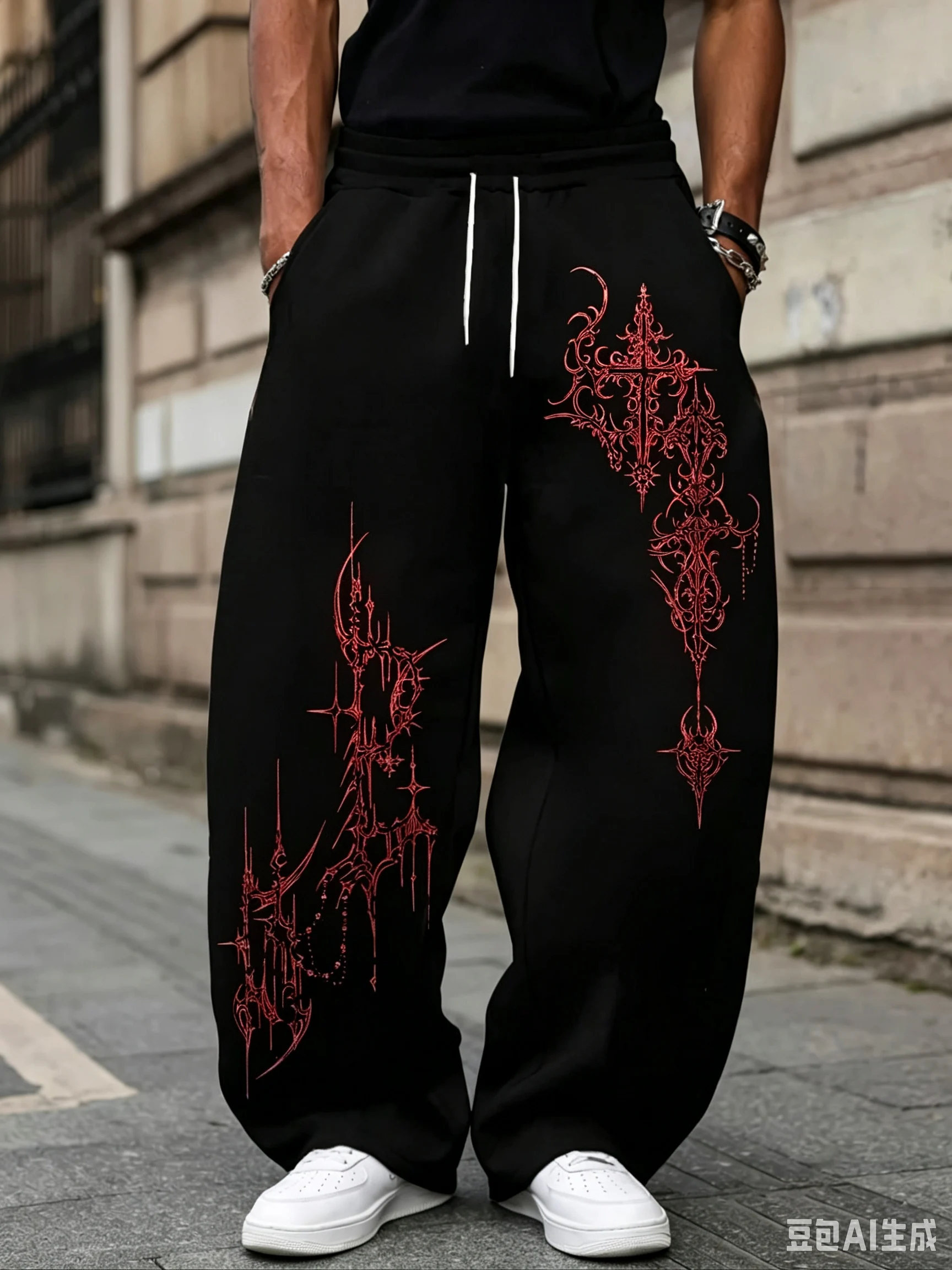 2026 New Y2K Dark Gothic Men Straight‑Leg Jogger Pants Ornate Red Floral Totem Graphic Side Print Loose Street Casual Trousers