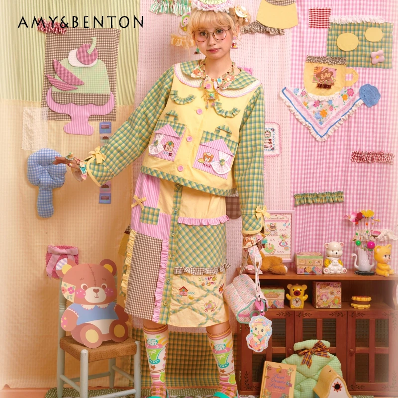 

Original Design Splicing Plaid Embroidery Floral Women's Blazer Japanese 2025 Autumn New Cute Bow Button Long Skirt Suit Ladies