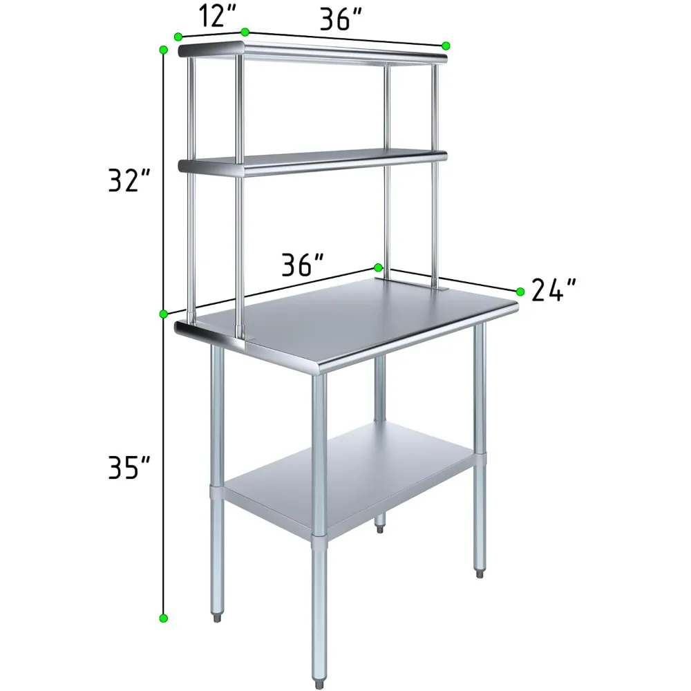 Stainless Steel Work Table with 12" Wide Double Tier Overshelf Metal Kitchen Prep Table & Shelving Combo Stainless Steel Table