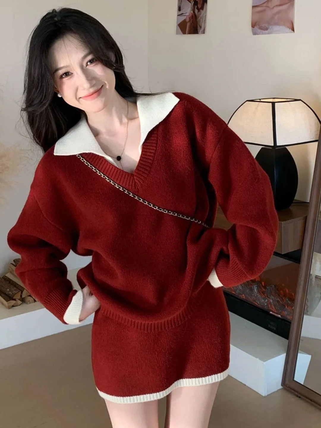 

Комплект Cisas Aosphere: Красный Свитер и Юбка, Женский Свободный Вязаный Костюм-Двойка в Корейском Стиле, Теплый Утолщенный Хлопок