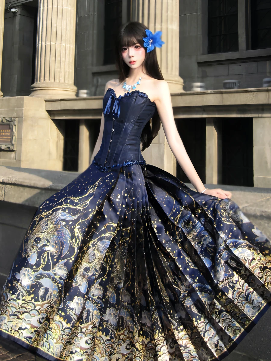 Saia Feminina de Cintura Alta em A, Estilo Hanfu, Coleção Dreamy Star River 2026, Novo Modelo, Estilo de Cultura Tradicional Chinesa, Tecido de Alta Qualidade