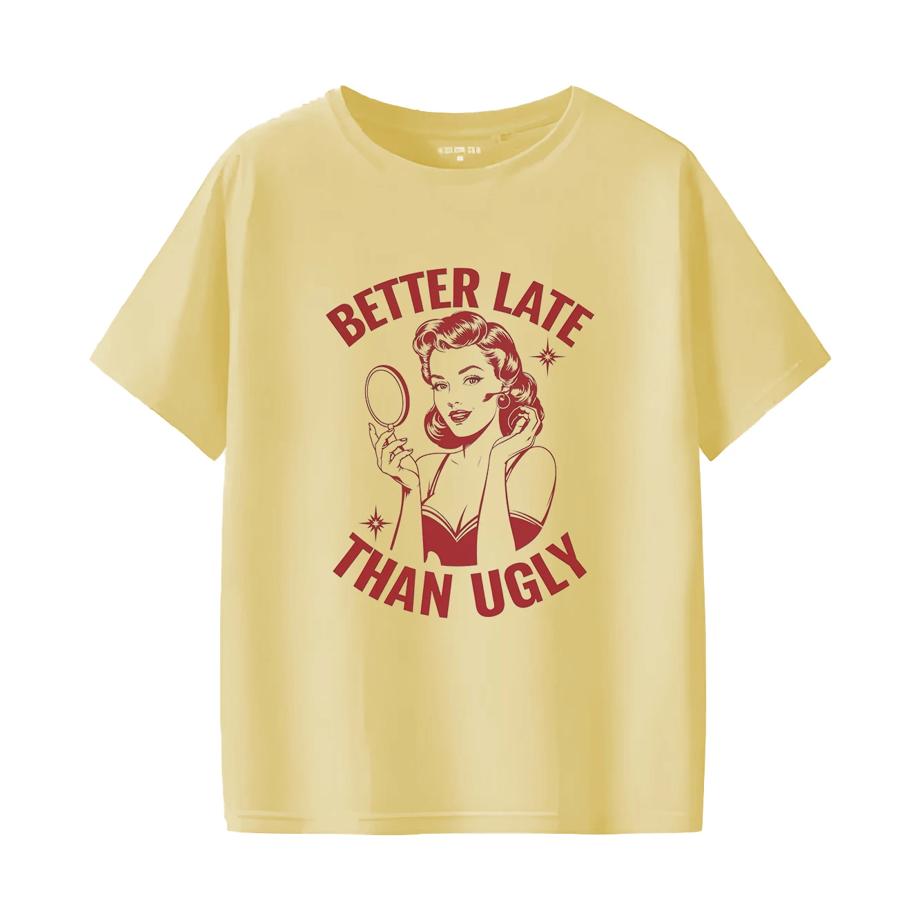 레트로 뷰티 미러 프린트 심플하고 다재다능한 패셔너블한 여성용 라운드 넥 반팔 티셔츠