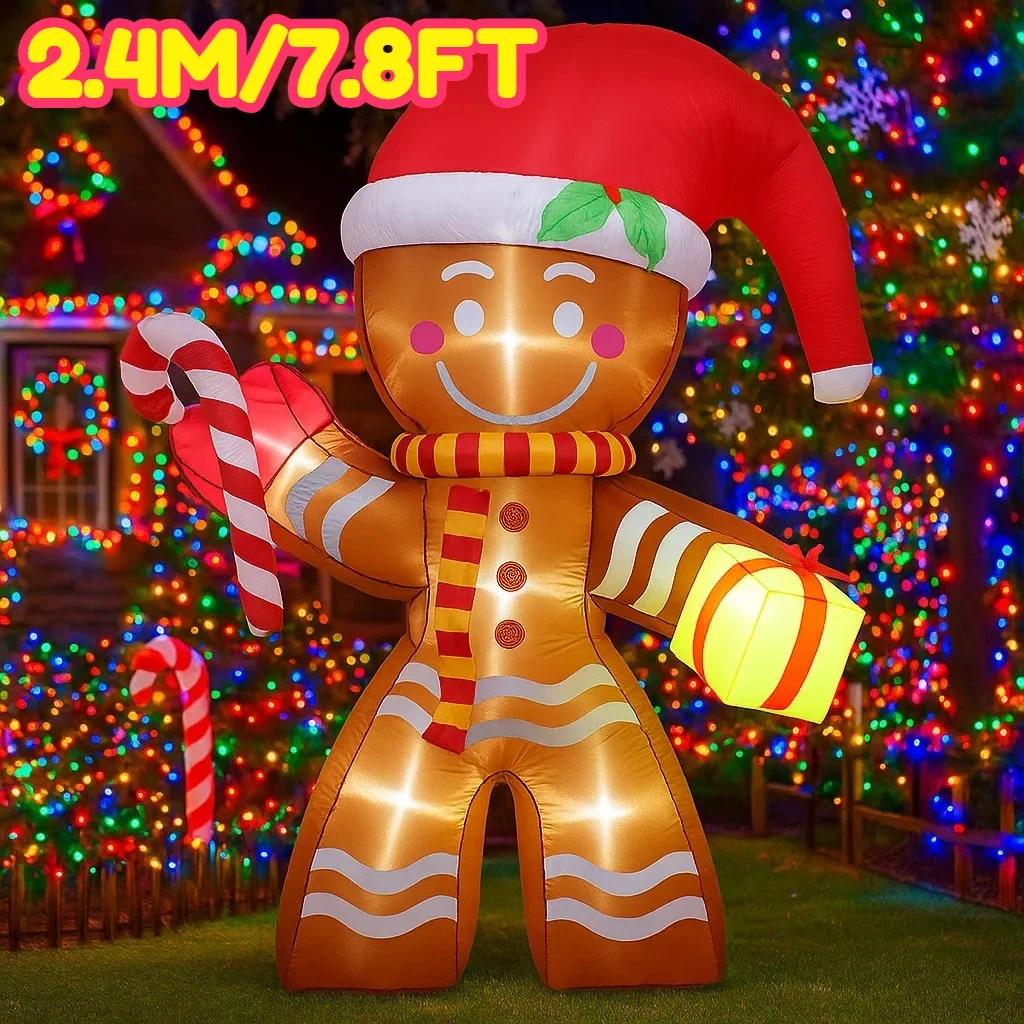 2.4M/7.8FT Inflatable Gingerbread Man Candy Cane Lights LED Home Holiday Lighting Decor Yard Xmas Supplies Outdoor Lawn Ornament