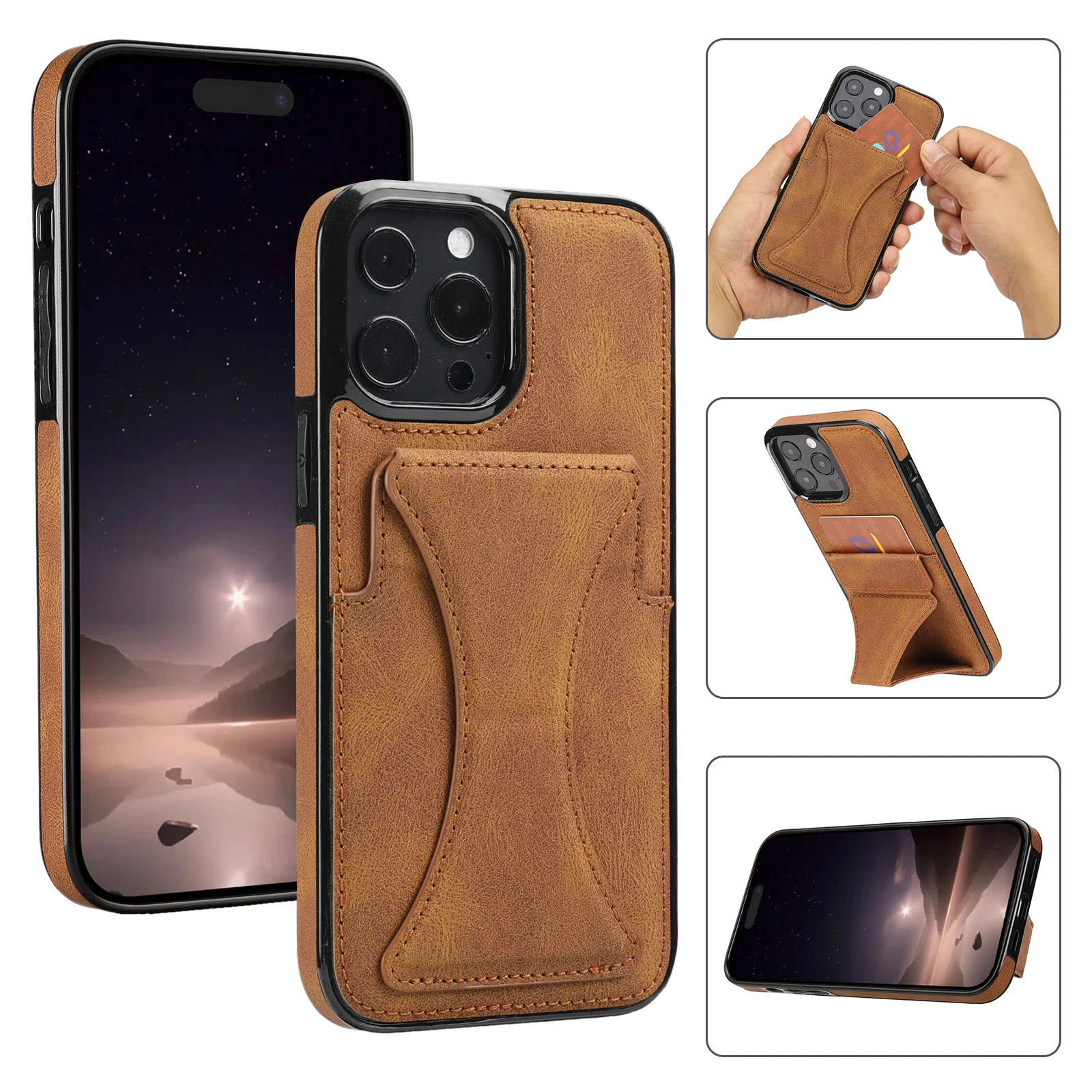 Hochwertige PU-Leder-Schutzhülle mit Kreditkartenfächern, faltbarer Ständer für iPhone 16 Pro Max 15 Plus 14 13 12 11