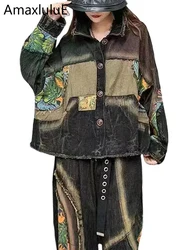 Amax luluE Winter Vintage Outfits 2024 Womens Printed Denim Two Pieces Sets Fashion Jackets Suits Classic Punk Jeans Loose Pants