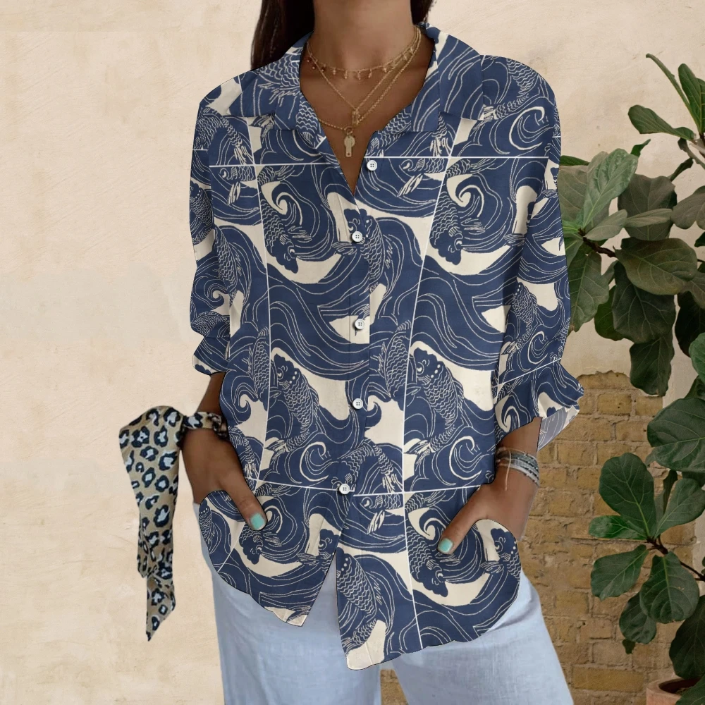 Retro Women's Fashion Casual Shirt V-Neck Loose Fish Pattern Chic Printed Long-Sleeved Shirt New High-Quality Top Street Wear