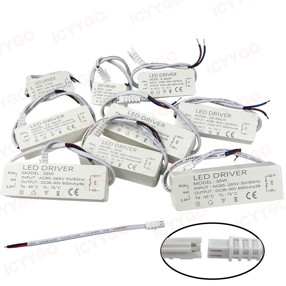 LED Constant Current Drive, fonte de alimentação externa, Driver de isolamento de tensão ampla, GU10E27, 4-7W, 8-12W, 20W, 30W, 25-36W, 300mA, 600mA