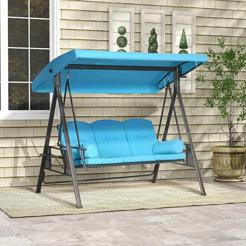 3-Seat Patio Swing Chair, Outdoor Porch Swing Glider with Adjustable Canopy, Removable Cushion, Pillows and Side Trays