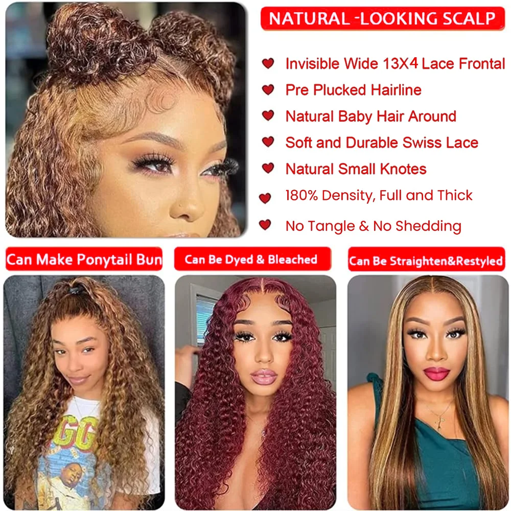 Water Wave Human Hair Wig for Women 200 250 Density 4/27 Highlight 13x4 HD Lace Frontal Human Hair Wig 5x5 HD Lace Closure Wig image 5