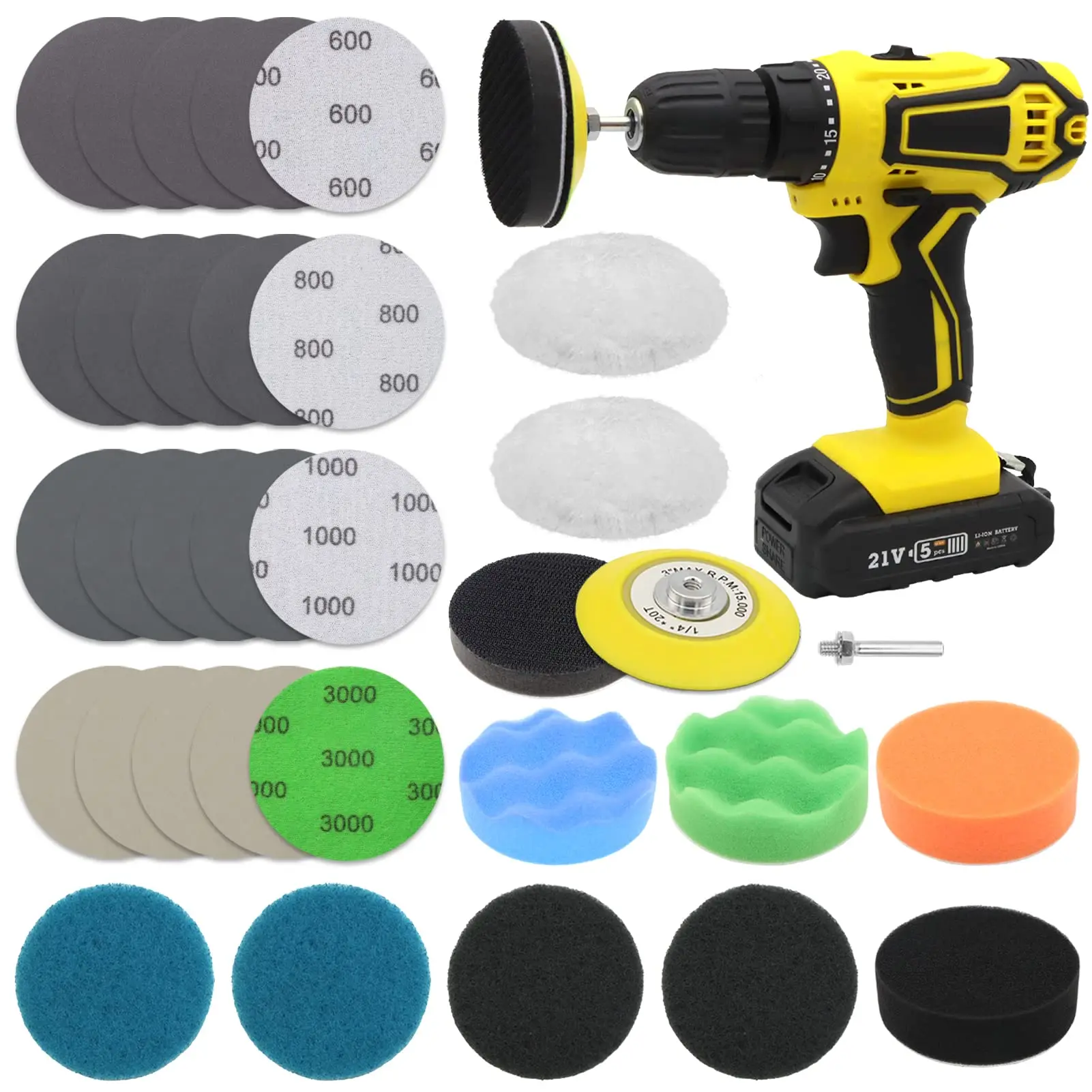 Car Headlight Restoration Kit 3 Inch 21/32/39/41 Pcs Car Polishing Sanding Discs with 1/4 Inch Shank Backing Pads for Cleaning