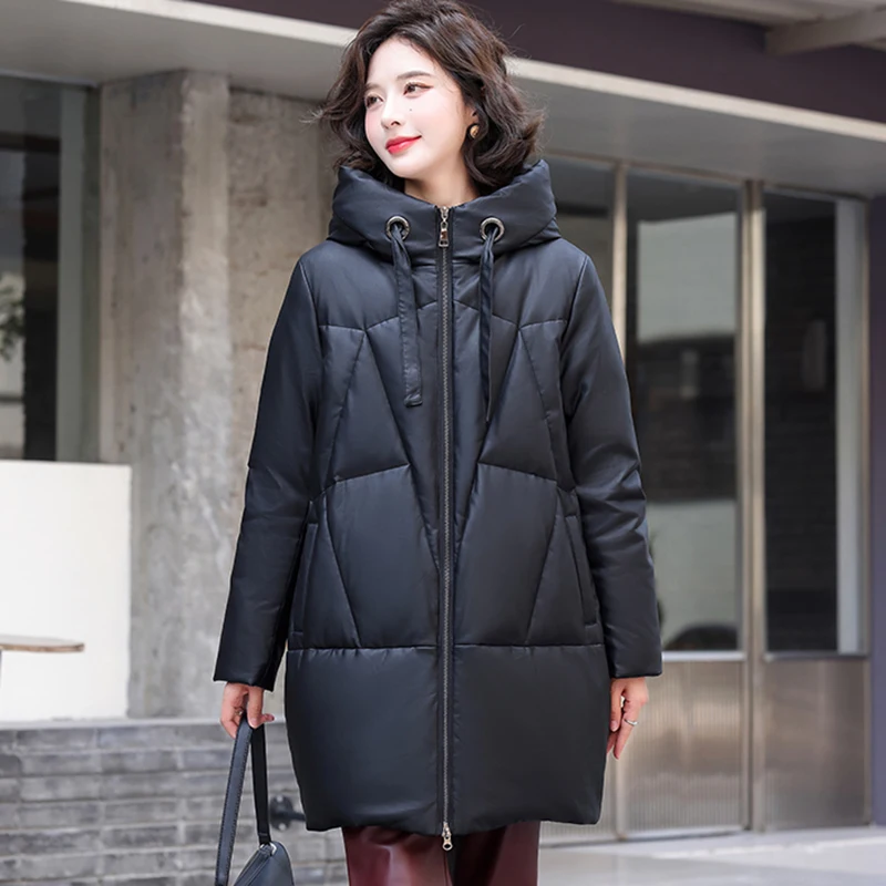 

New Women Autumn Winter Leather Down Coat Fashion Hooded Wide-waisted Loose White Duck Down Coat Casual Warm Long Outerwear