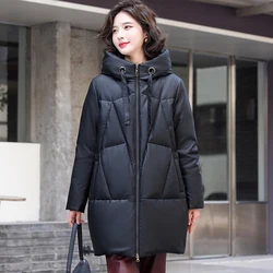 New Women Autumn Winter Leather Down Coat Fashion Hooded Wide-waisted Loose White Duck Down Coat Casual Warm Long Outerwear