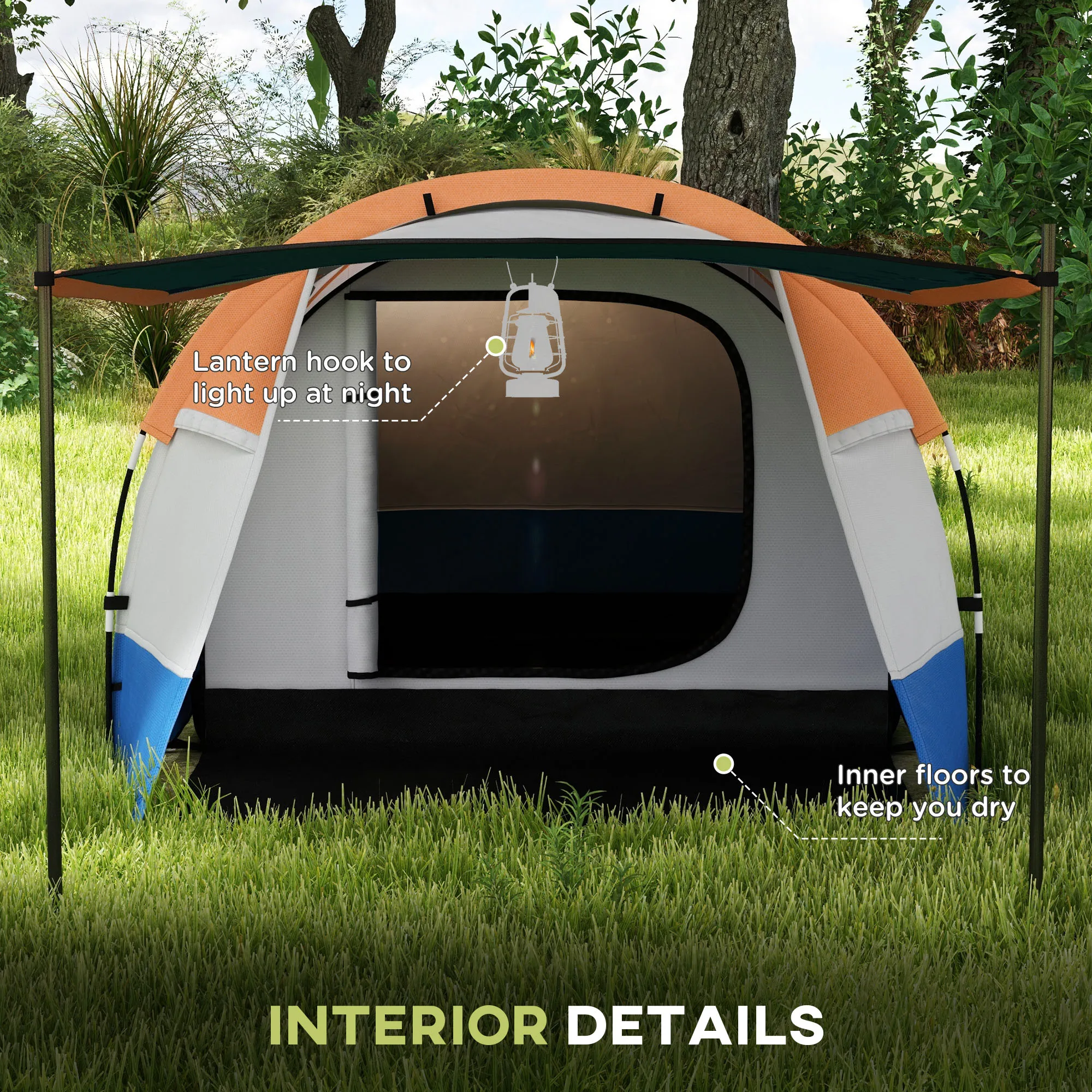 Outsunny 2-3 Man Camping Tent, Tunnel Tent with Weights, Bedroom and Living Room, 2000mm Waterproof