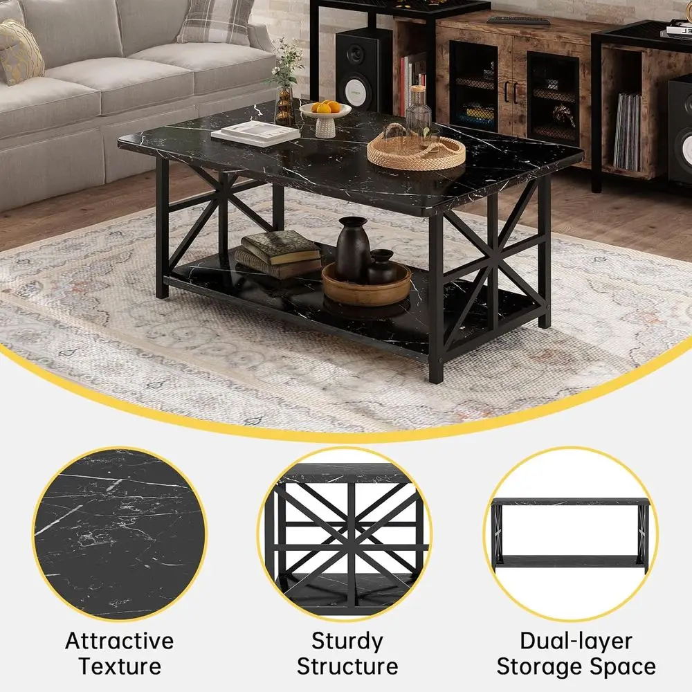 Modern Rectangular 2-Tier Coffee Table with Storage, Faux Marble Top, Black Frame for Living Room