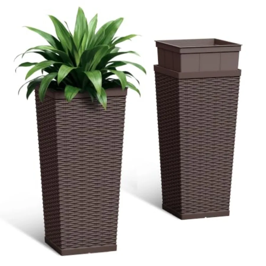 Outdoor use plastic planters, brown, 24-inch tall, set of 2 with drainage holes