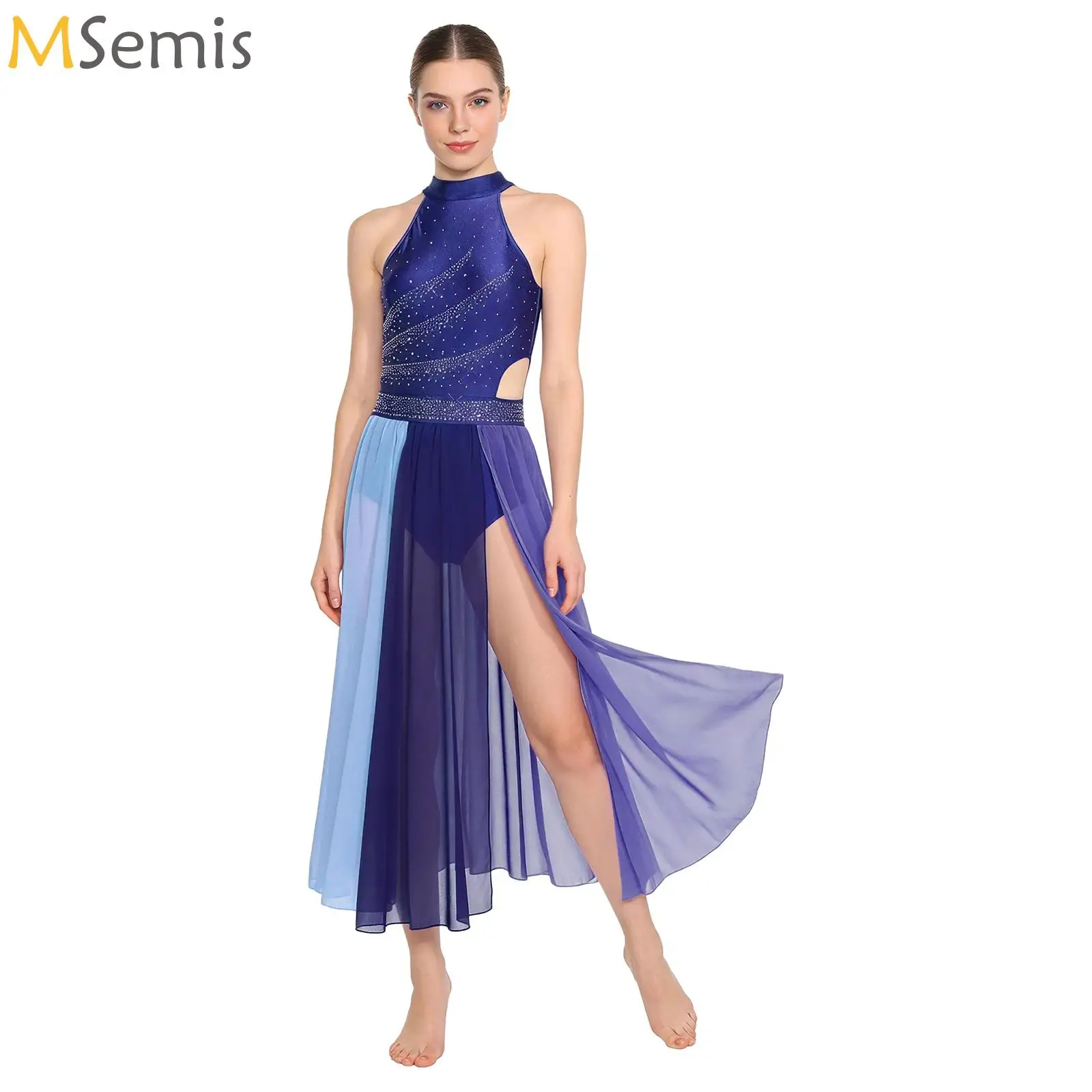 

Womens Lyrical Dance Bodysuit Dress Rhinestone Sleeveless Mesh Slit Hem Leotard Dress Modern Contemporary Dance Practice Costume