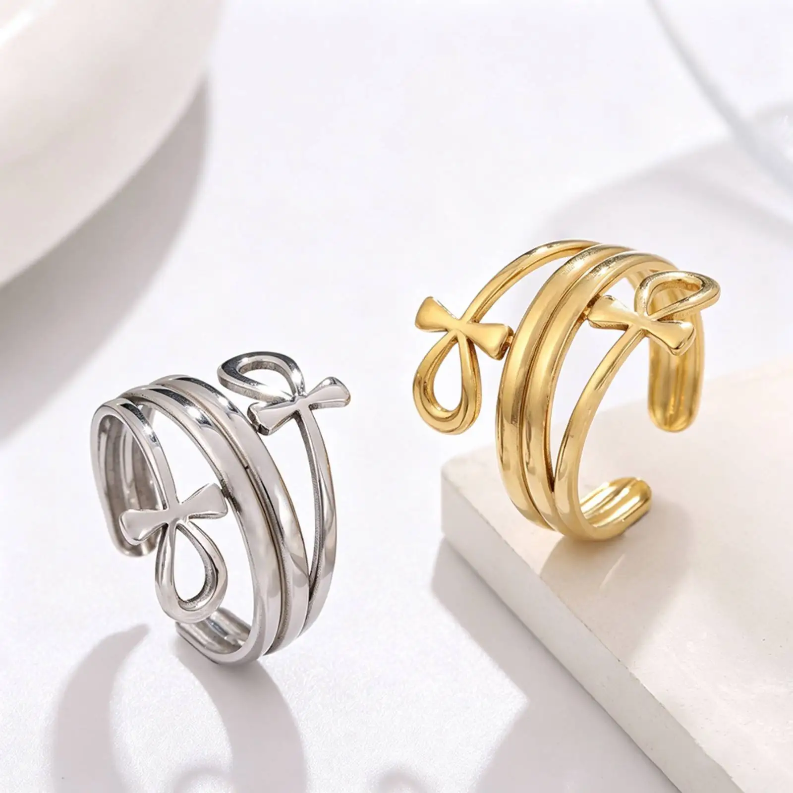 Antiker ägyptischer Ankh-Kreuz-Offenring aus Edelstahl, Ring mit dem Symbol des Lebens, Amulett-Schmuck, Geburtstagsgeschenk für Damen und Herren. – Detail 1