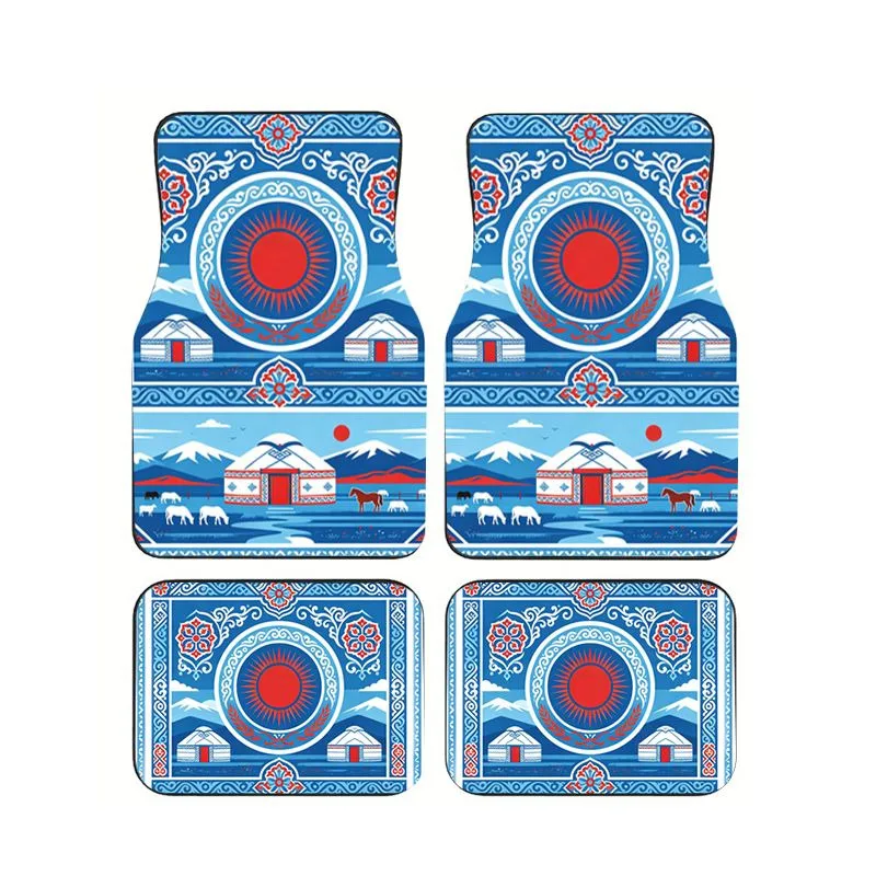 

Kazakh Sun Yurt Ethnic Car Floor Mats 4Pcs Universal Non Slip Traditional Blue Red Pattern Auto Foot Carpets