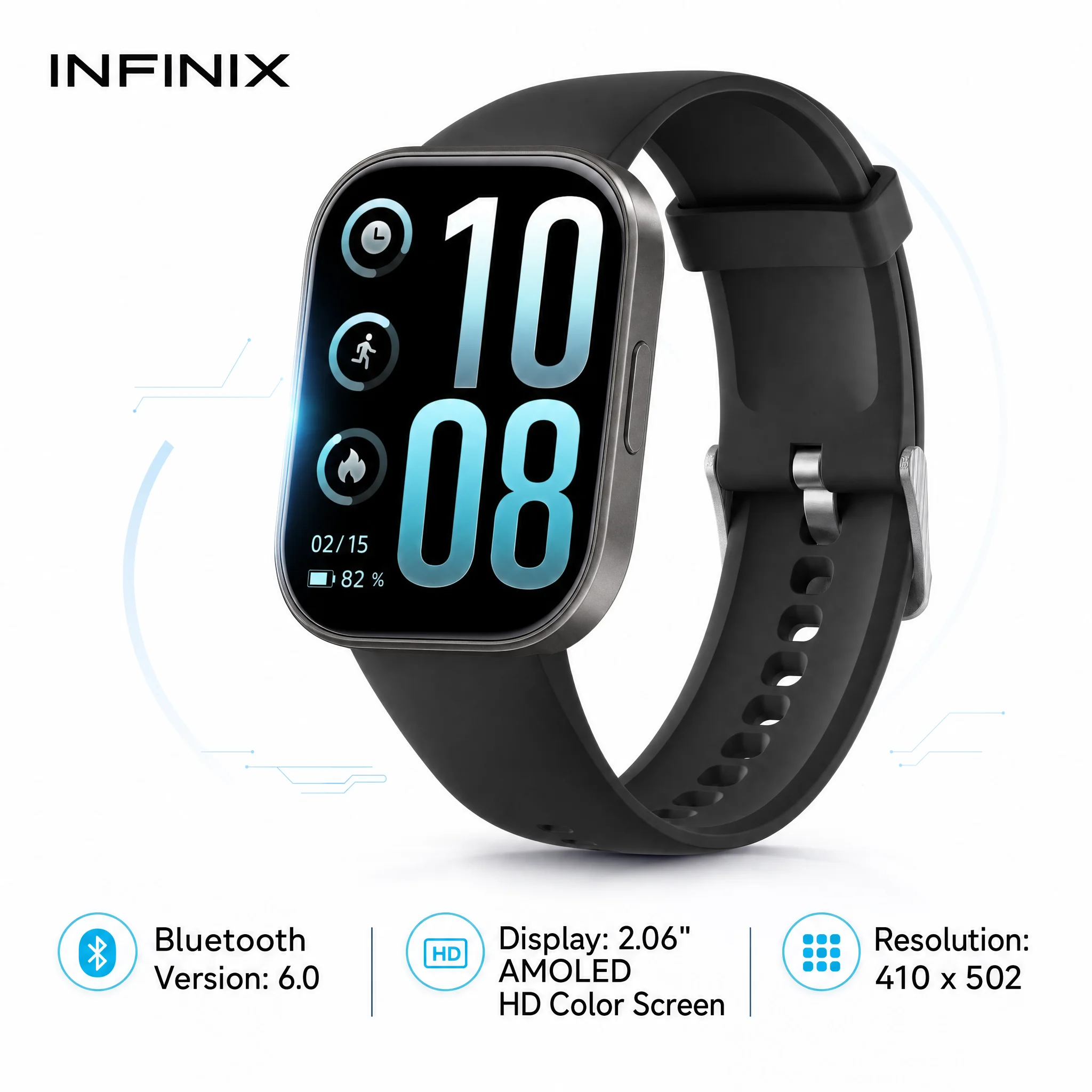 Smartwatch Infinix H5 Pro, display AMOLED da 2,06", impermeabile IP68, monitoraggio della frequenza cardiaca tramite intelligenza artificiale, tracciamento delle attività, autonomia della batteria di