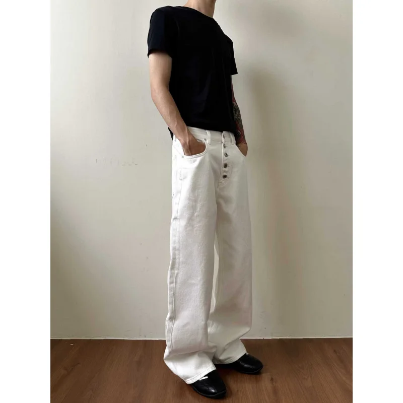 ملابس رجالية من EME باللون الأبيض الصلب بتصميم كلاسيكي بأزرار معدنية مستقيمة وفضفاضة #4