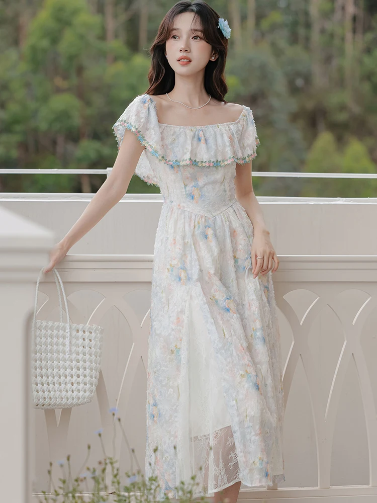 2025 Boho Floral Chic Ruffledหน้าอกห่อชุดฤดูร้อนElegant Bodycon A-Lineชุดยาวผู้หญิงใหม่เกาหลีแฟชั่นพรหมชุด