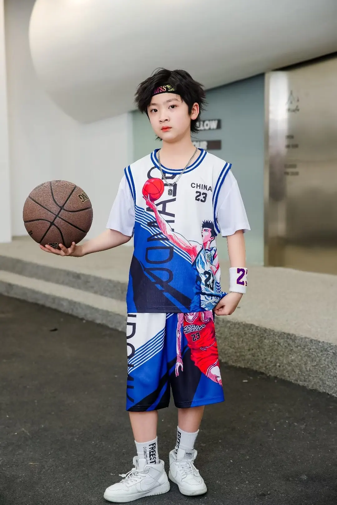 Children's clothing suitA5 model white boys  girls  Basketball Jerseys Fake two-piece uniform kit primary school training