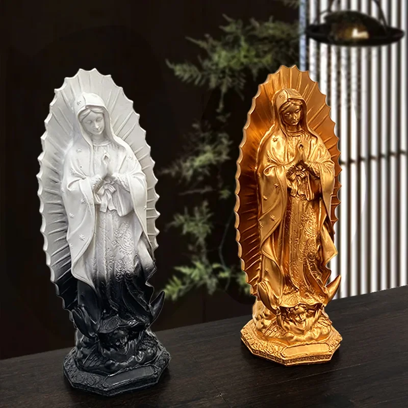 12-Inch Mexico Virgin Mary Figurines Catholic Blessed Mother Guadalupe Sculpture Resin Religious Statue Home Room Decoration