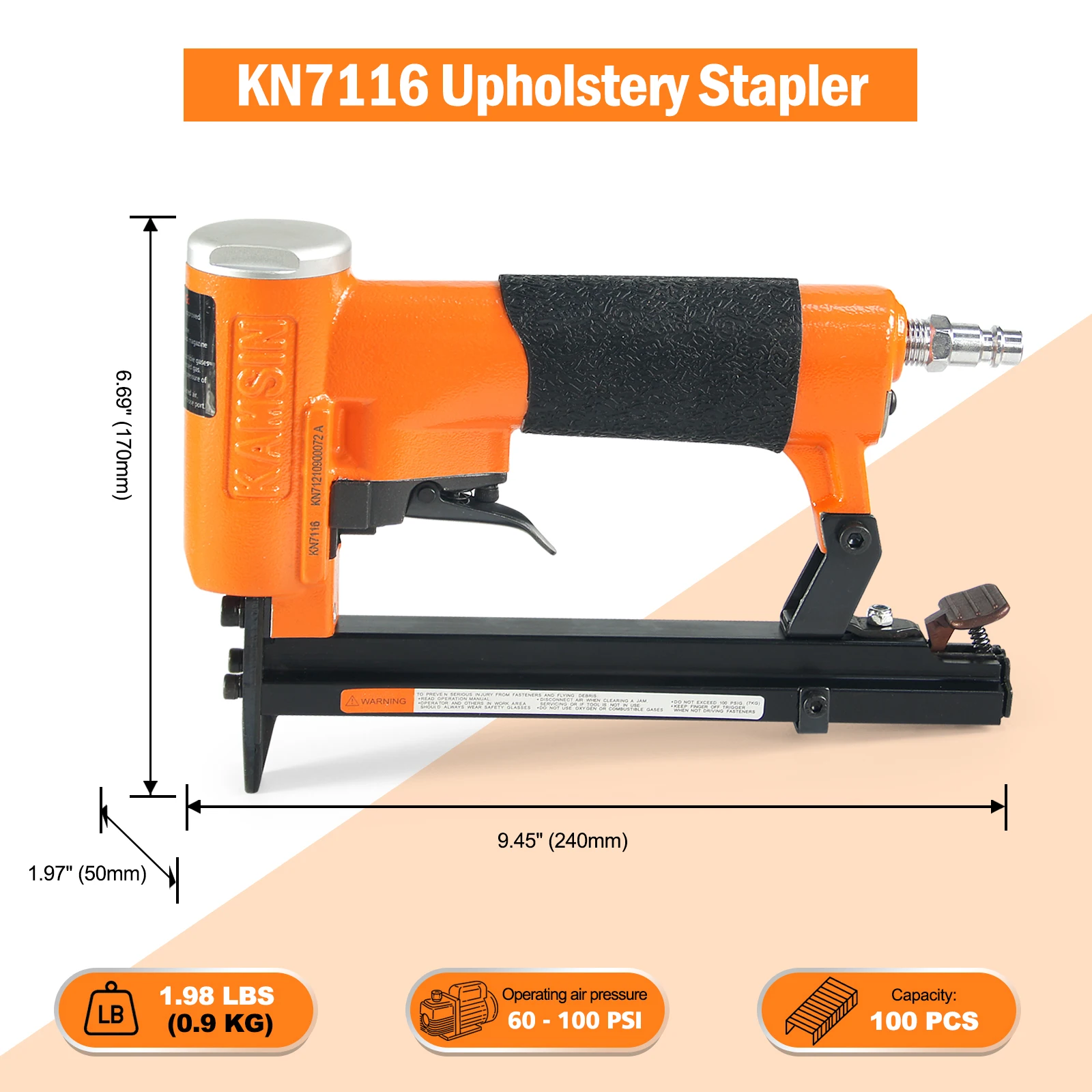 KAMSIN KN7116 22 Gauge Pneumatic Upholstery Stapler 71 Series 3/8-Inch Crown  Fine Wire Stapler for Furniture