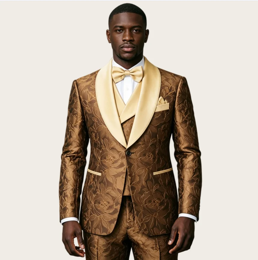 Mophiel Brown and Gold Men's Suits Peony Jacquard Suit 3-Piece Set Featuring Party Tuxedos Slim Wedding Groom Blazer Customized