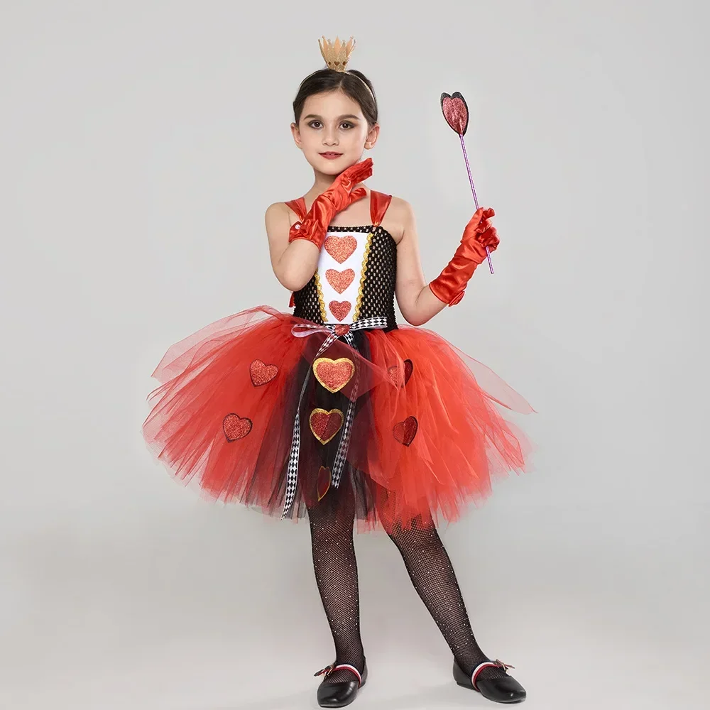 Girls Red Queen of Hearts Costumes Girls Alice in Wonderland Fancy Dress Kids Carnival Halloween Outfit with Crown Magic Stick