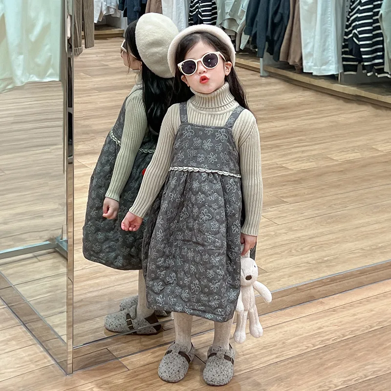 Girls Clothes Suit Autumn and Winter 2024 Lapel Sweater Base with Cotton and Fleece Floral Suspenders Skirt Knitted Lace Shawl image 3