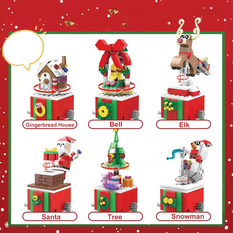 6in1 Moving Christmas Decoration Building Blocks Gingerbread House Bell Elk Santa Tree Snowman Bricks Children Set Toys Gift