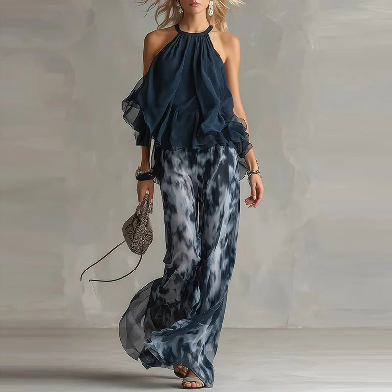 

Floral Print Loose Summer Two Piece Set Casual Holiday Sling Outfits Ladies O-neck Sleeveless Top and Long Pants Chiffon Suits