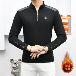 2024 Winter Add Velvet Thick Men's Sweatshirts Retro Splicing Slim Casual Half Zipper Pullover Sweatshirt Fashion Men Clothing