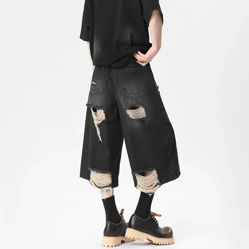 Summer High Quality American Style Ripped Drawstring Men's Denim Shorts Destroyed Hole Design Knee Length Pants