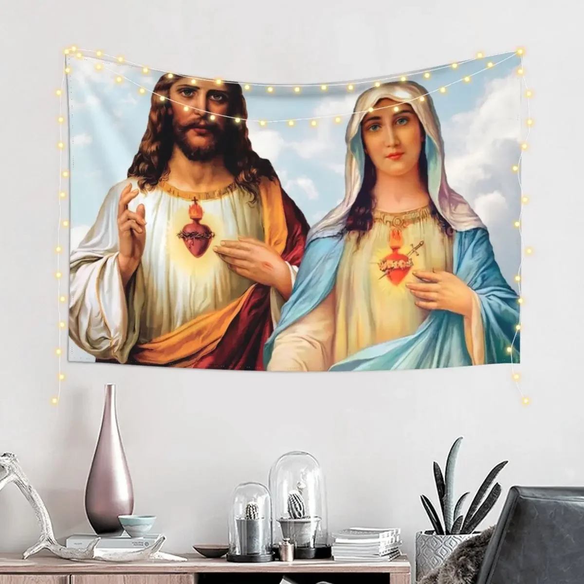 Sacred and Immaculate Hearts - III (Jesus and Mary) sky background Tapestry Wall Decorations Tapestry