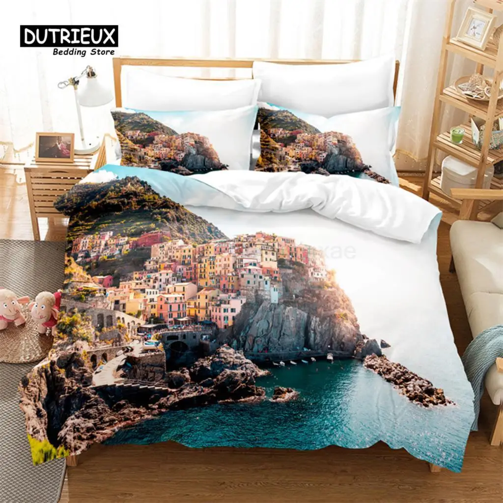 Beautiful Coastline City Duvet Cover Set, 3Pc Bedding Set, Soft Comfortable Breathable Duvet Cover, For Bedroom Guest Room Decor