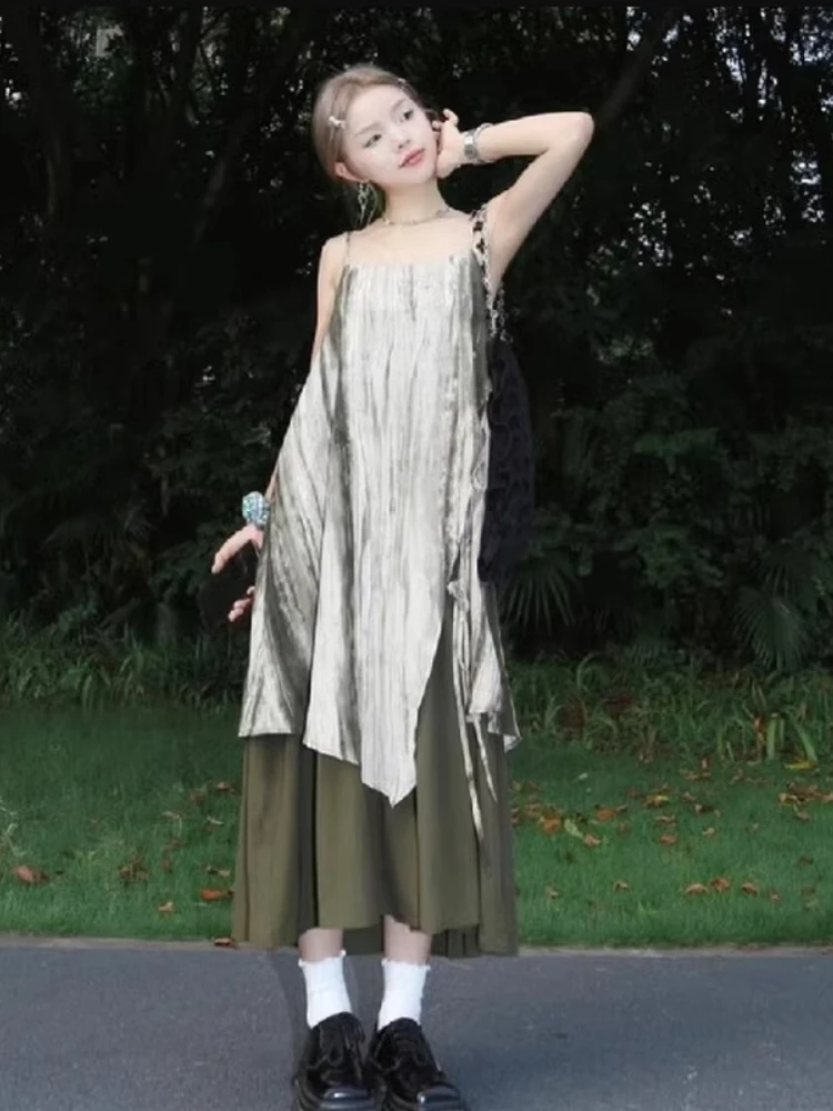 Retro tie dye em camadas cinta falso duas peças maxi vestido y2k feminino verão irregular retalhos saia solta magro boêmio vestido de praia