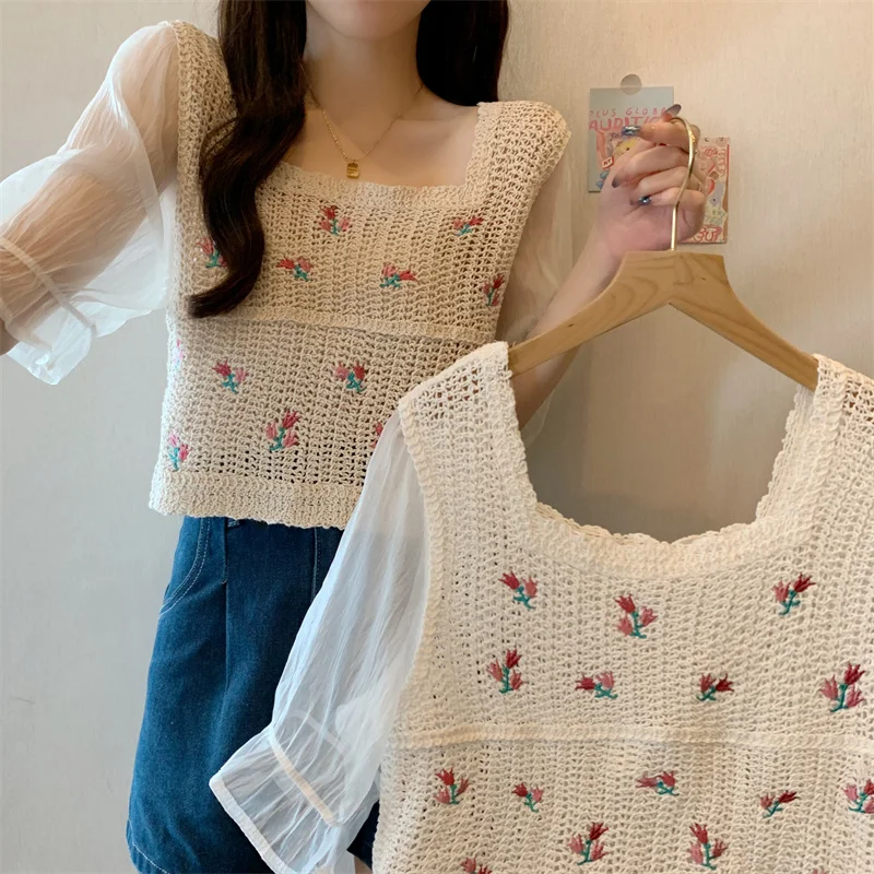 Embroidery Floral Crochet Knit Top with Chiffon Sleeve Square Neck Open-knit Blouse Top Women Spring Summer Fairycore Outfit