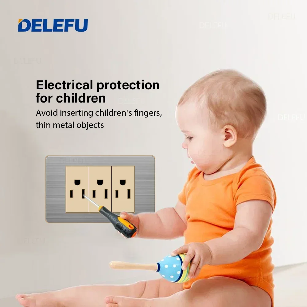 DELEFU- American Standard Switch Socket Stainless Steel Gold Border Grey Panel Series Power Socket