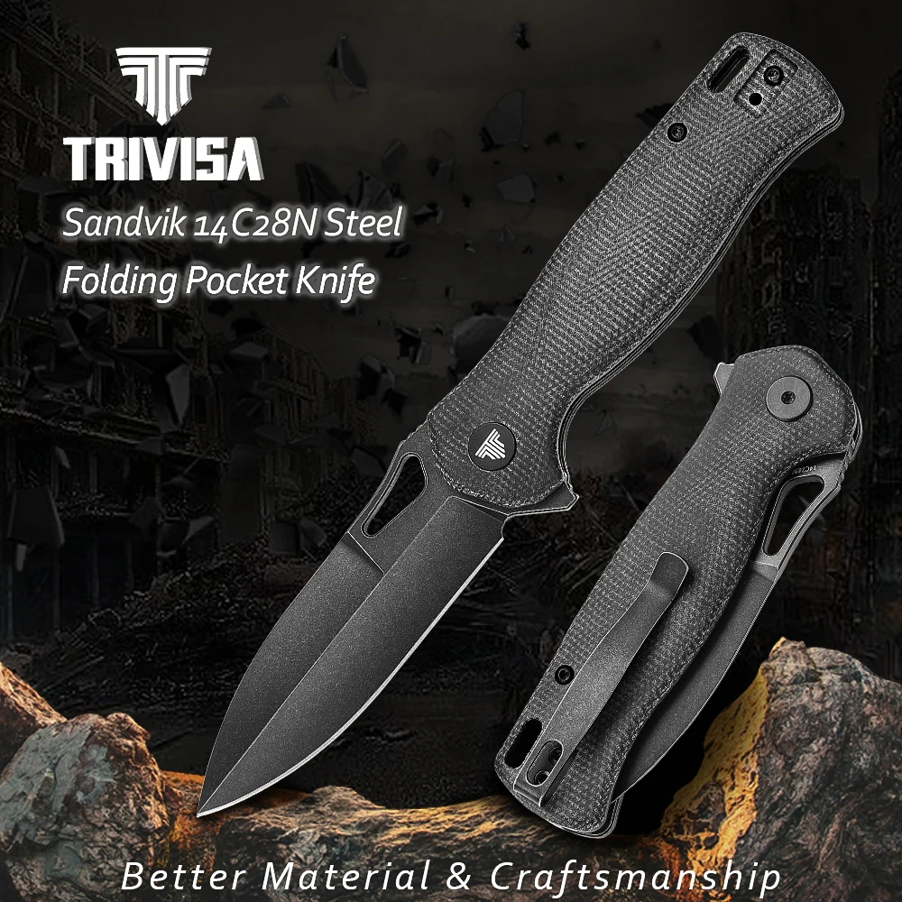 

TRIVISA Good Pocket Folding Knife for Men, 3.38" EDC Flipper Knives with Clip for Camping Tool, 14C28N Steel & Micarta Scales