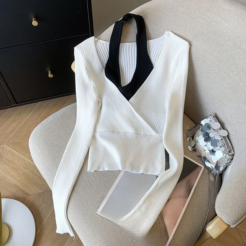 Women Sweaters Two Pieces Halter Vintage Short Pullovers Korean Fashion Autumn Winter Color Block Slim Fit Pull Femme